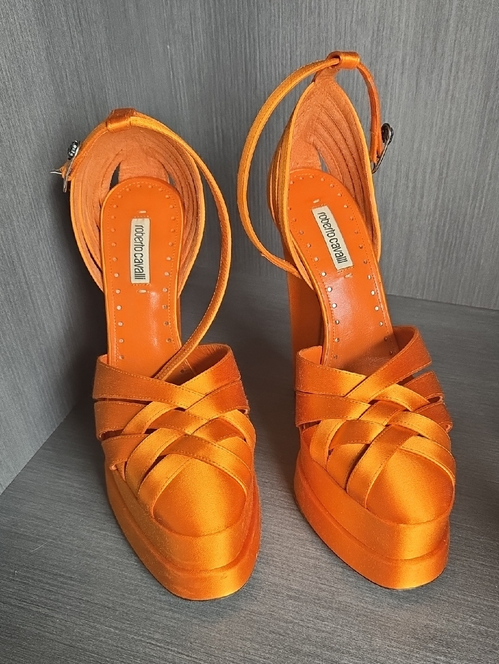 Roberto Cavalli Bright Orange Satin Platform Sandals